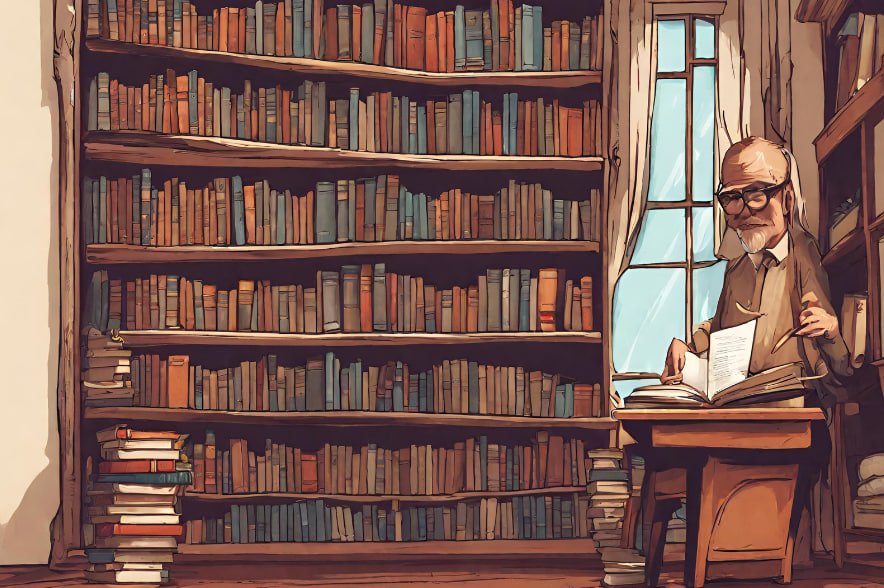  پیرمردی در کنار کتابخانه ای پر از کتاب 
